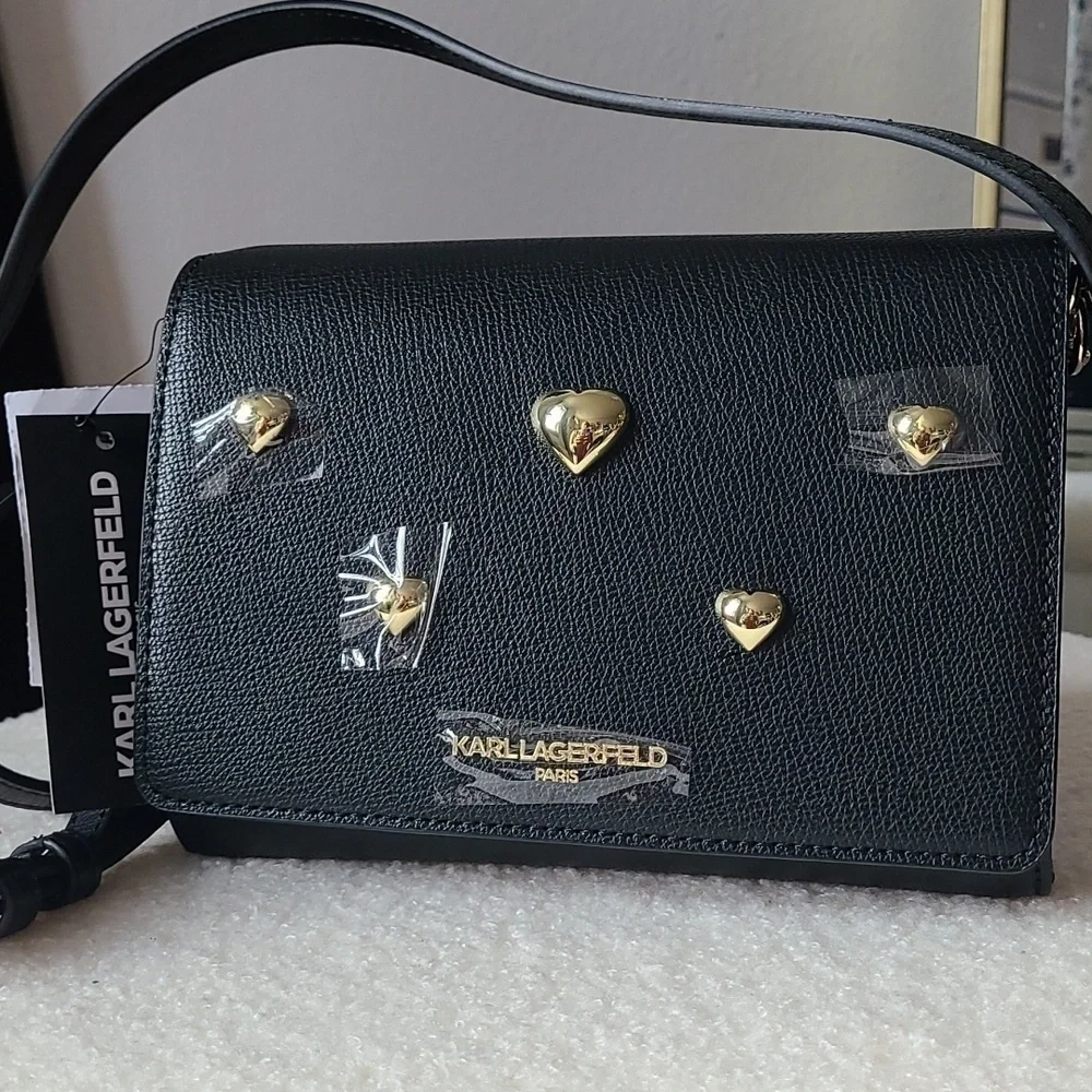 NWT Karl Lagerfeld Paris Maybelle Black Gold Heart Crossbody - Picture 8 of 8